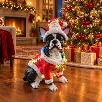Statue de Noël bouledogue français de Noël en tenue de père Noël, figurine de chien de vacances de 19 pouces