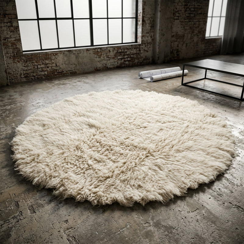 Magnifiques tapis grecs Flokati. Long poil de laine organique de 3,5 po. Tapis naturel en laine blanc cassé., Rond 8 pi