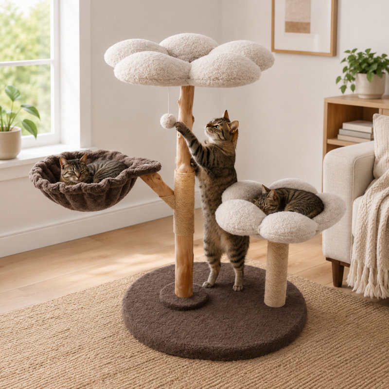 Arbre à chat en bois naturel avec perchoirs moelleux, tronc d'arbre et aires de repos pour chat, Brun