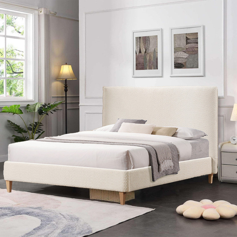 Grand lit plateforme tapissier Krystyne, Blanc crème