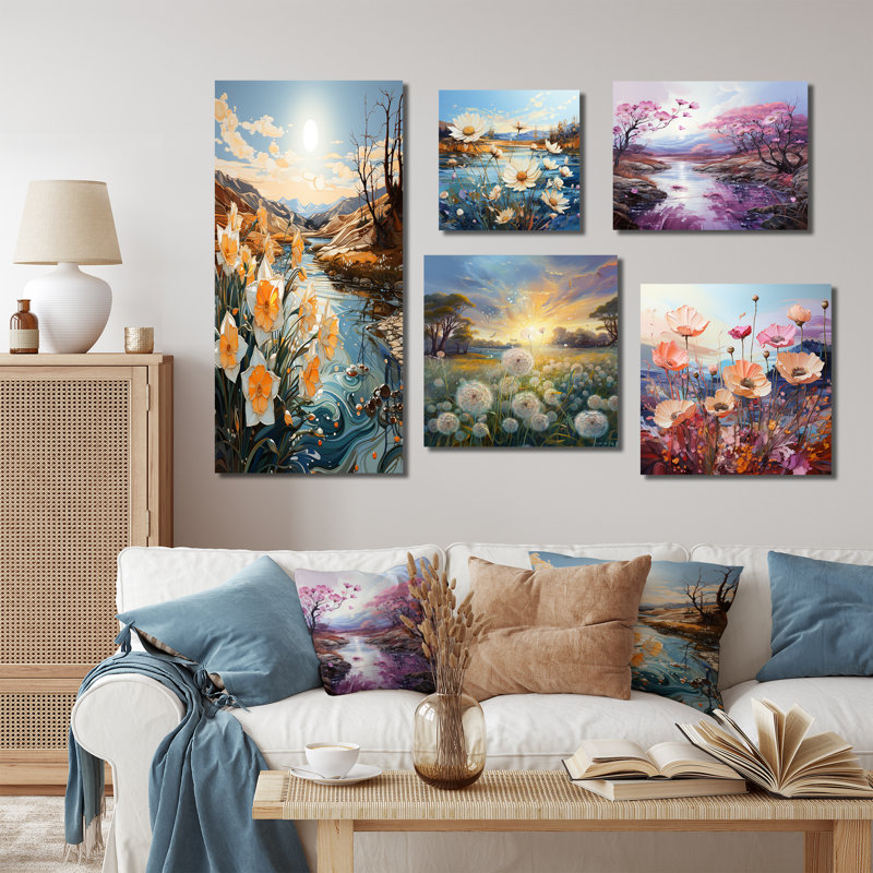 «Daisy Dreamscape Flowers Field II», ensemble de 5 impressions murales champ de fleurs, Toile tendue