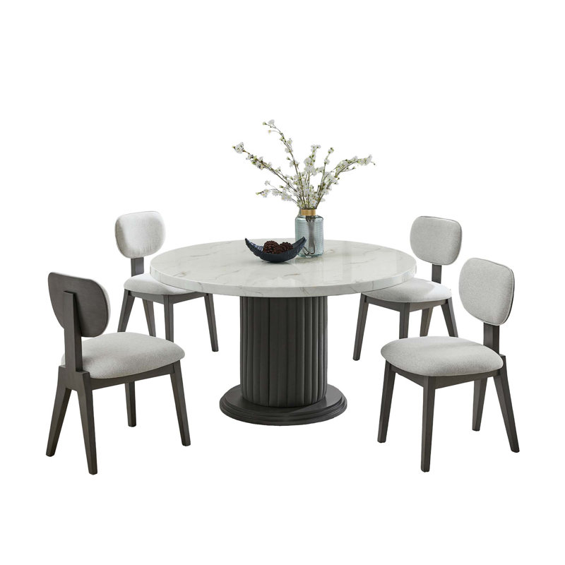 Ensemble de salle à manger 5 pièces rond en faux marbre avec chaises rembourrées et base piédestal pour les espaces de salle à manger modernes.