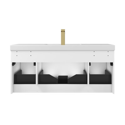 Meuble-lavabo mural 48 po avec lavabo simple en acrylique Lucella - devant cannelé, tiroirs à fermeture en douceur, conception flottante