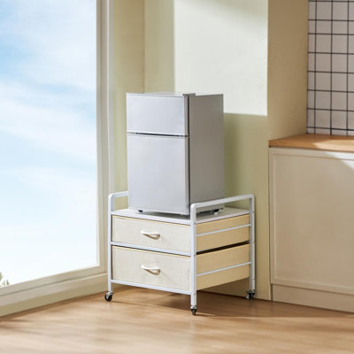 Mini Refrigerator Shelf With Storage Space, 2 Drawers And 4 Casters, White.
