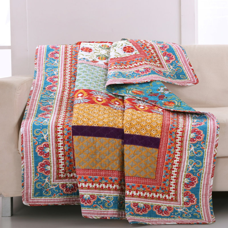 Jeté en coton Greenland Home Fashions Thalia - 50 po x 60 po avec motif floral en velours, Rose/orange/vert