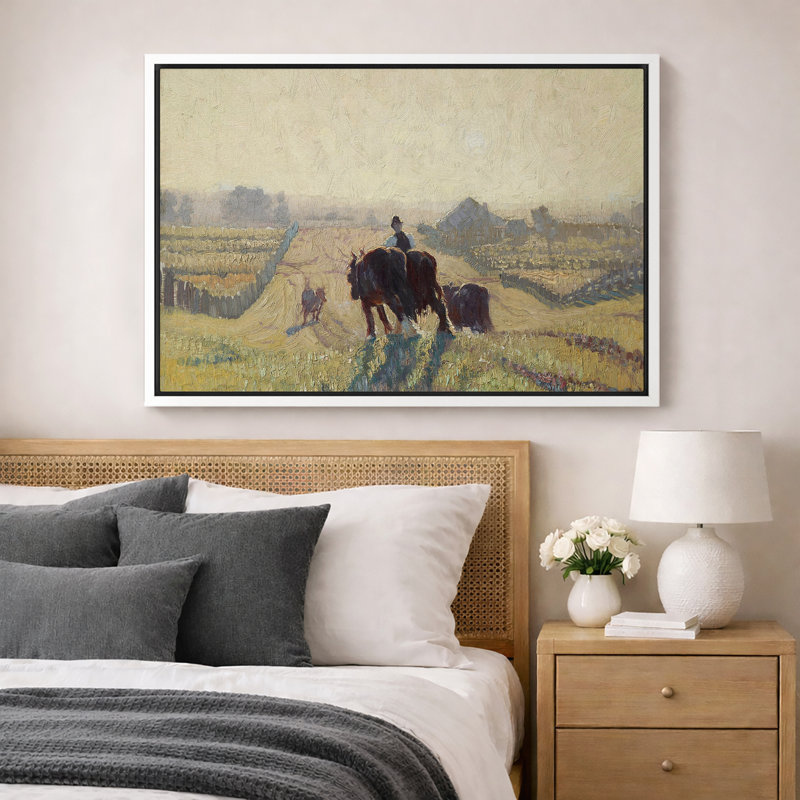 «Farmer with Oxen in Harvest Field», art de la salle à manger, impression sur toile encadrée sur toile., Cadre flottant blanc