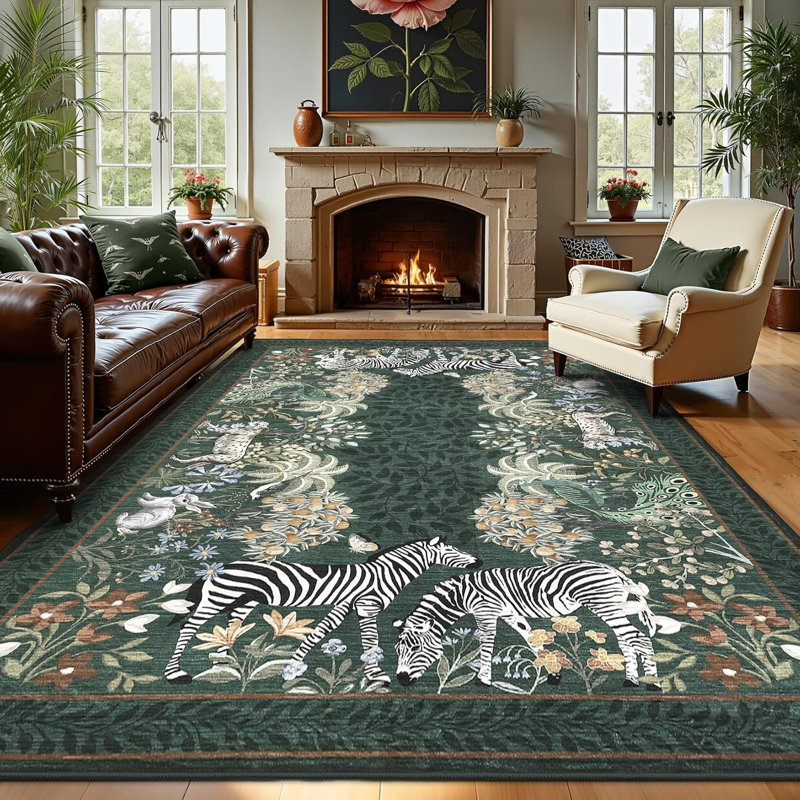 Zebra Green Washable Rugs 8X10 For Playroom Vintage Jungle Woodland Forest Safari Animal Print Rug Low Pile Botanical Kids Rugs For Living Room Kitchen Nursery Room