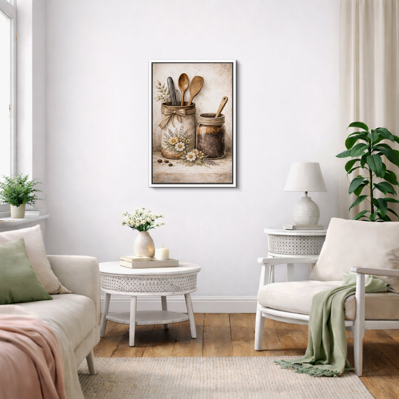 «Rustic Kitchen Tools Jar Still Art», images de cuisine, impression sur toile encadrée, H 36 po x l 24 po x P 1,5 po