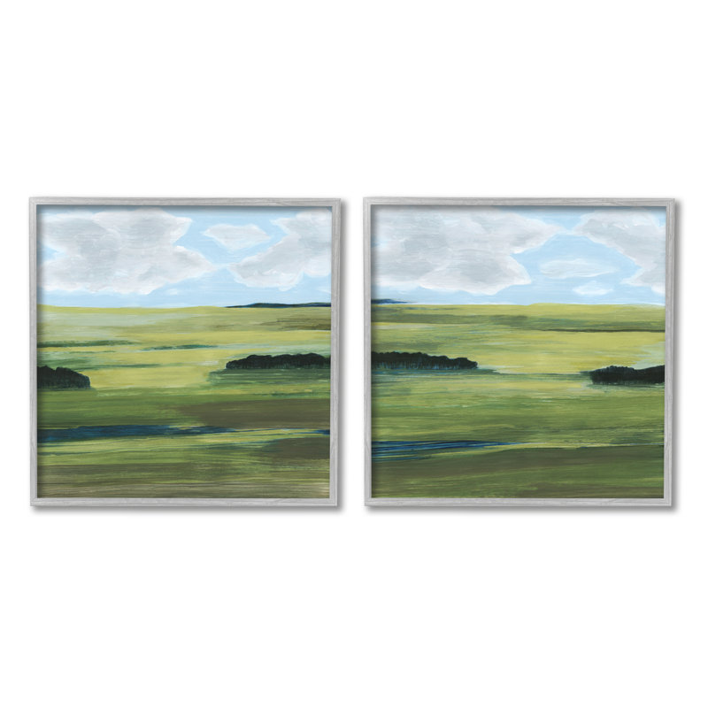 «Rustic Green Valley Trees Abstraction Blue Sky» par Grace Popp, ensemble de 2 peintures sur bois