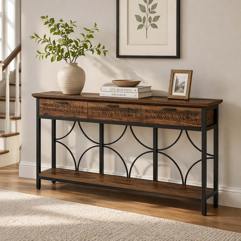 Console à 3 tiroirs sculptés en bois rustique à découpes circulaires en métal noir