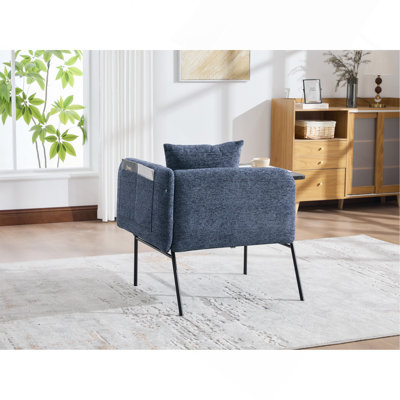 Fauteuil de loisir, fauteuil de détente avec petite table et coussin de dossier, chaises rembourrées modernes avec pieds en métal et poches latérales, canapé simple pour le salon / la chambre / le jardin