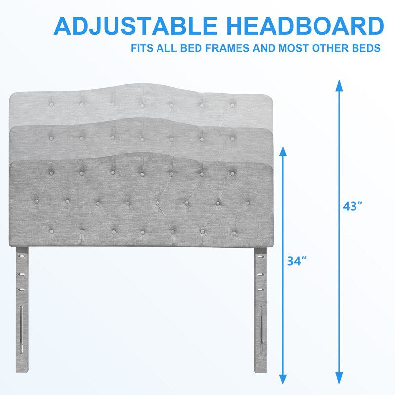 Tête de lit capitonnée et capitonnée, tête de lit en bois massif avec pieds en bois, tête de lit à hauteur ajustable de 37 po à 51 po, tête de lit en tissu au design moderne