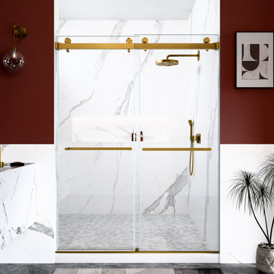80"h Double Sliding Shower Door, 56" - 60"w Adjustable, 10mm Thick Tempered Glass, Brushed Gold, Adjustable & Reversible Design, Effective Waterproofing, 304 Stainless Steel Structure X 3/8 Inches