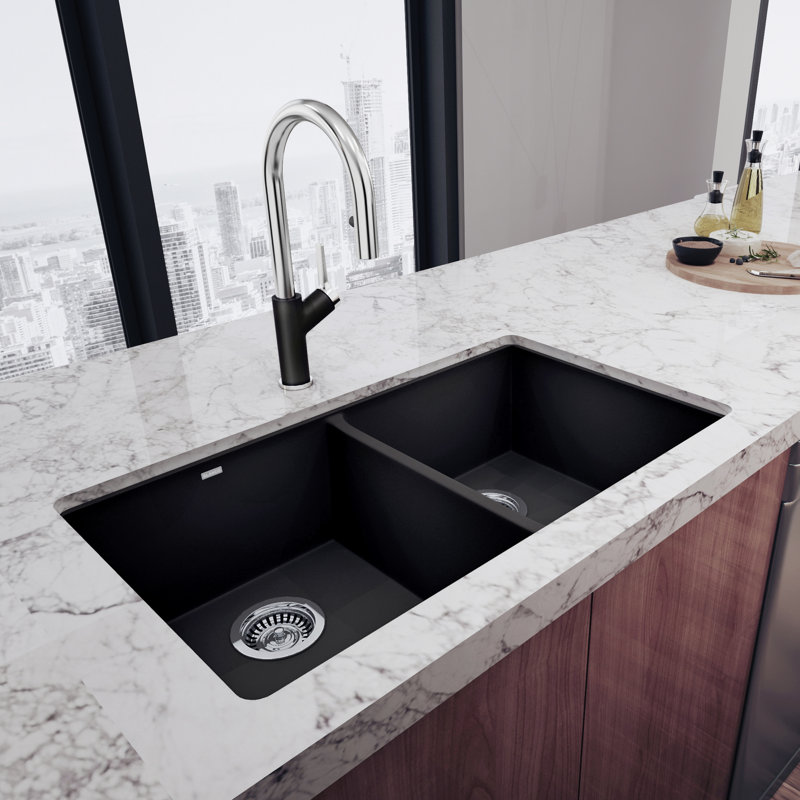 Precis SILGRANIT 29" L X 18.13'' W Double Bowl Undermount Kitchen Sink, Coal Black