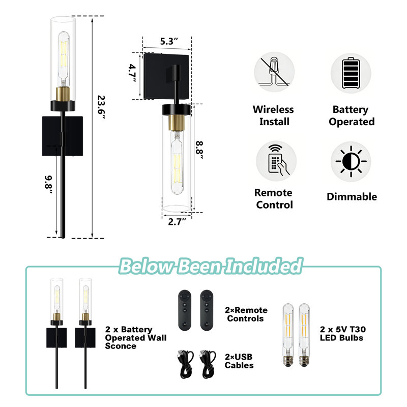 2-Pack Modern Rechargeable Wall Sconce, Dimmable Wall Light With Touch and Remote Control (Bulb Included)