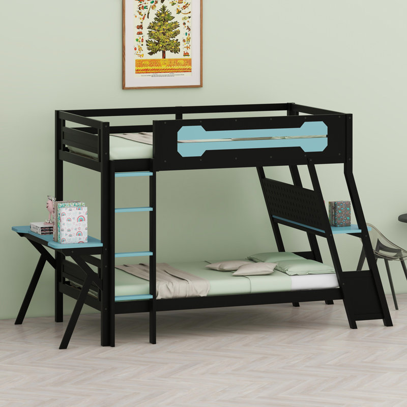 Système de lit superposé à double bureau avec connectivité USB et configuration de panneau perforé personnalisable, Bleu