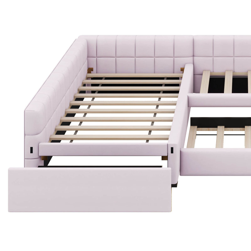 Lit de jour en L avec couchette et tiroir, lit d'angle rembourré pour adolescents, Rose