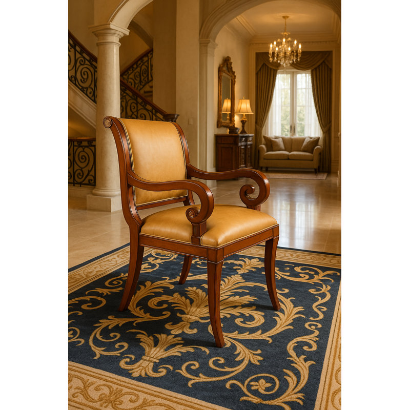 Empire Leather Arm Chair in Beige/Walnut, Beige, Walnut