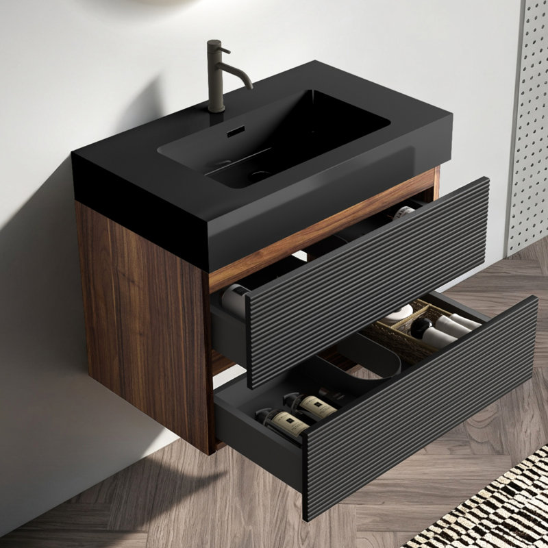 Meuble-lavabo de salle de bain de 76 cm (30 po) avec design suspendu, lavabo noir mat, tiroirs à fermeture amortie, esthétique du milieu du siècle, panneaux de qualité E1, laque E0, fermeture garantie 50 000 fois, style moderne, lavabo monobloc.