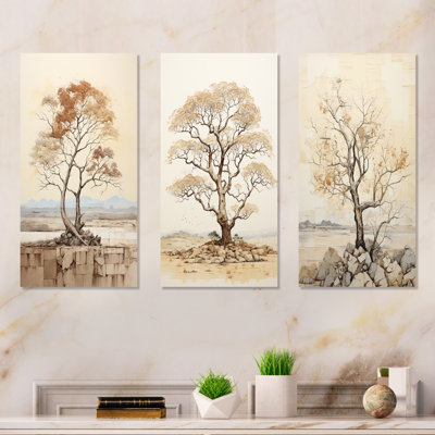 Baobab Tree Beige Minimalism - Tree Baobab Canvas Art Print Set Of 3