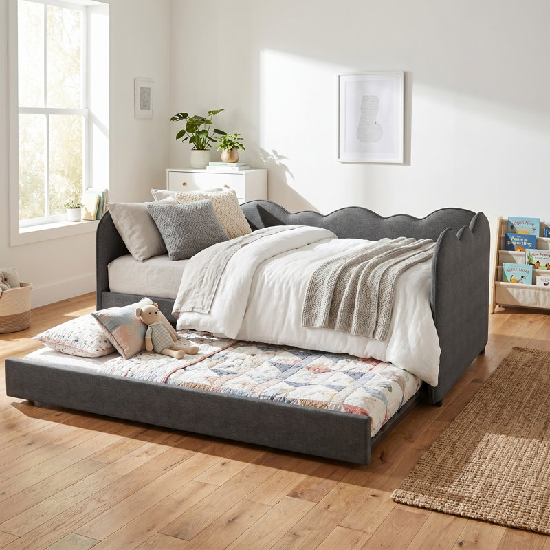 Upholstered Daybed with Trundle, Grey