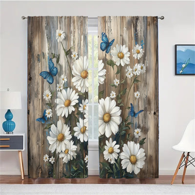 2Pcs Rustic Window Curtains with Daisies and Blue Butterflies Botanical Print Country Farmhouse Style Vintage Wood Background Drapes Light Filtering Privacy for Living Room Bedroom Kitchen Home Decor Rod Pocket