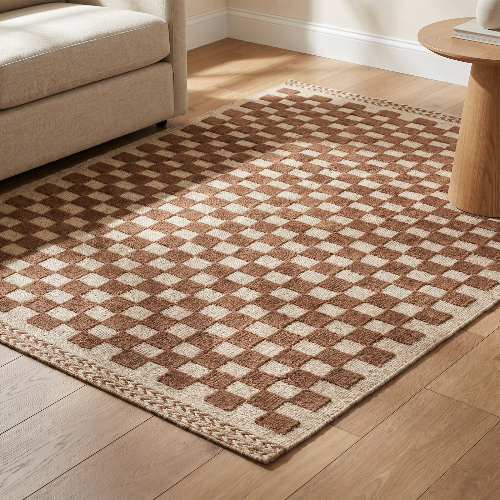 Azle Brown Beige Hand-Woven Checkered Wool Rug, Rectangle 6'3" x 9'