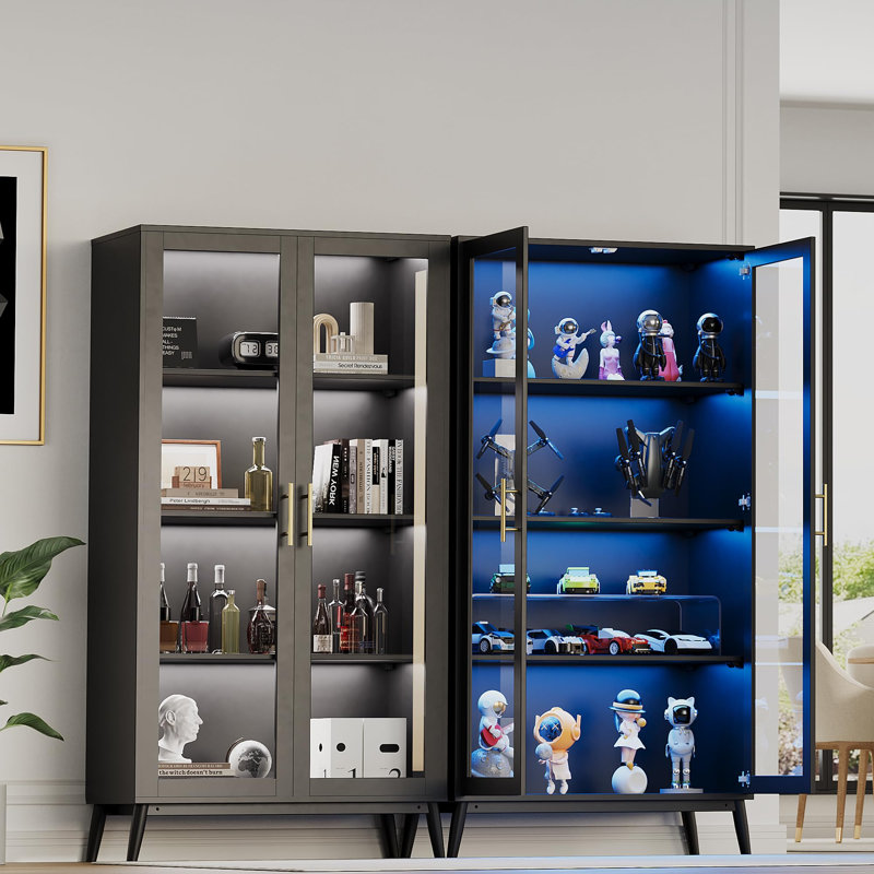 Vitrine moderne en verre, vitrine à 4 niveaux, détecteur de corps humain, portes en verre - vitrine pour objets de collection, jouets, livres - rangement en coin - couleur noire