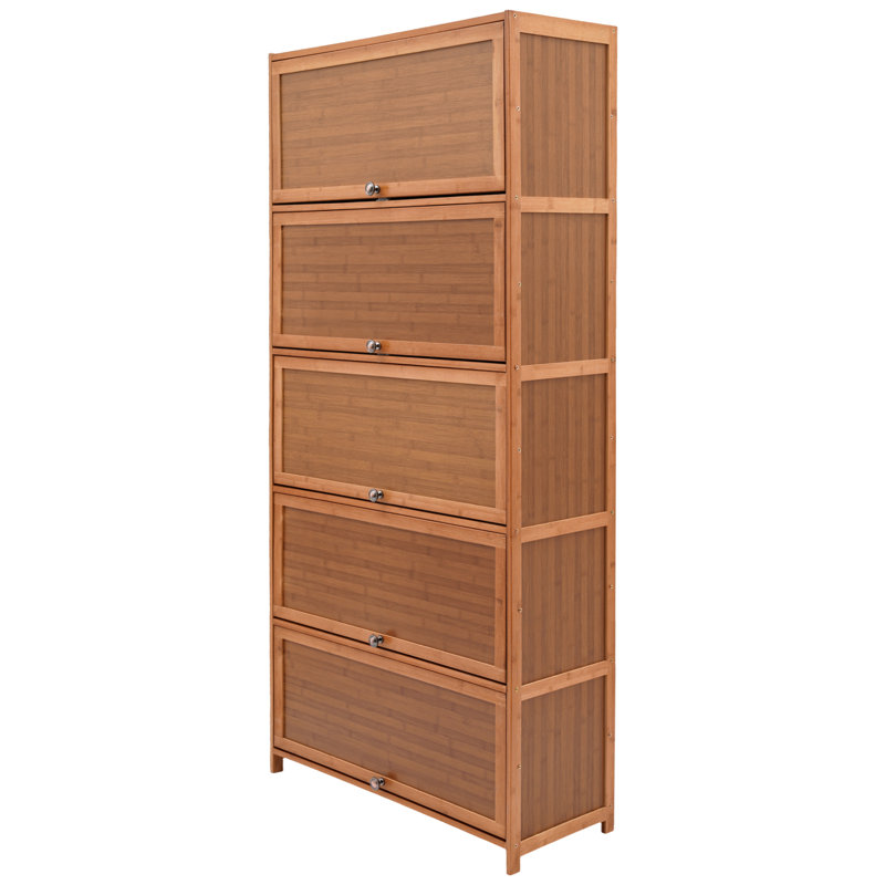 Armoire à chaussures rectangulaire autoportante en bambou à 10 couches avec portes, Brun