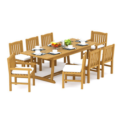 11 Pcs Grade-A Teak Wood Dining Set: 94" Double Extension Mas Rectangle Trestle Leg  Table And 10 Devon Chairs (2 Arm & 8 Armless Chairs) #11DV2102