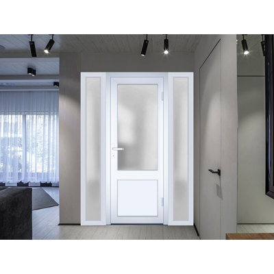 Porte d'entrée extérieure prémontée en PVC-U, verre dépoli, Manux 8422 Blanc Soie, 2 fenêtres latérales, portes pour bureaux, commerces et habitations, entrée, patio, garage - L 16+36+16 x H 80 - Ouverture à gauche vers l'intérieur
