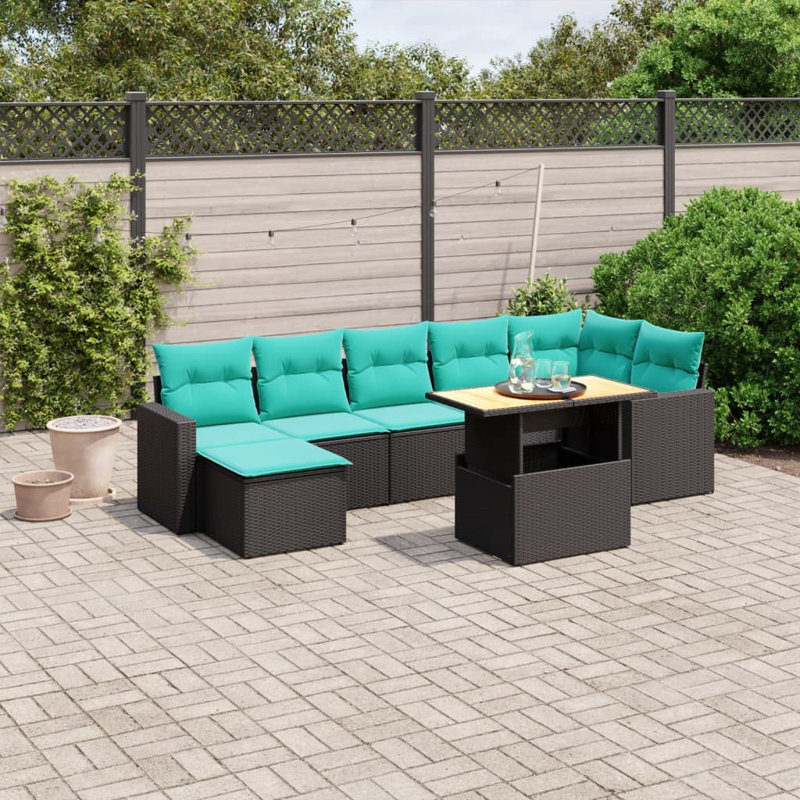 Ensemble de canapé de patio 8 pièces avec coussins en rotin de polyester, Bleu clair, Noir