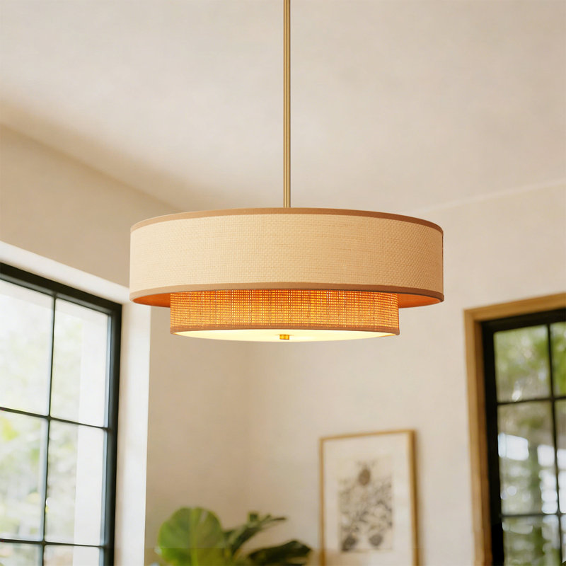 18'' Rattan Chandelier Boho Drum Chandelier, 3 - Light
