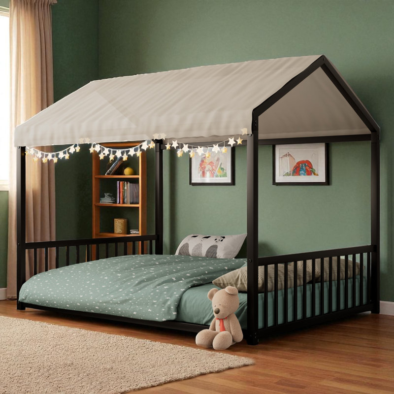 Metal Canopy Bed Floor House Bed, Black, Full