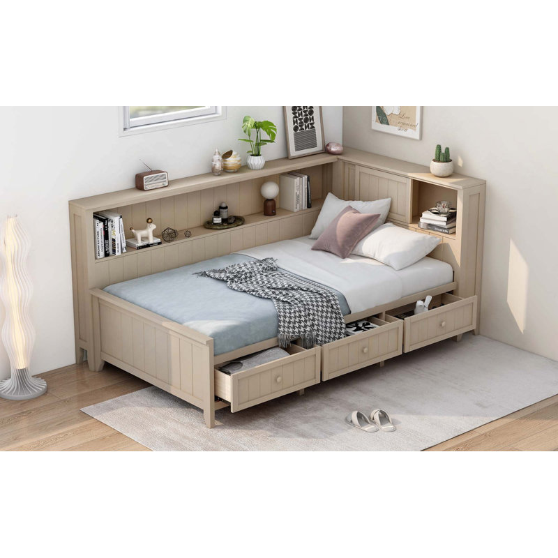 Wood Daybed With Sturdy Construction Multi-Storage Shelves And 3 Drawers No Box Spring Required, Twin