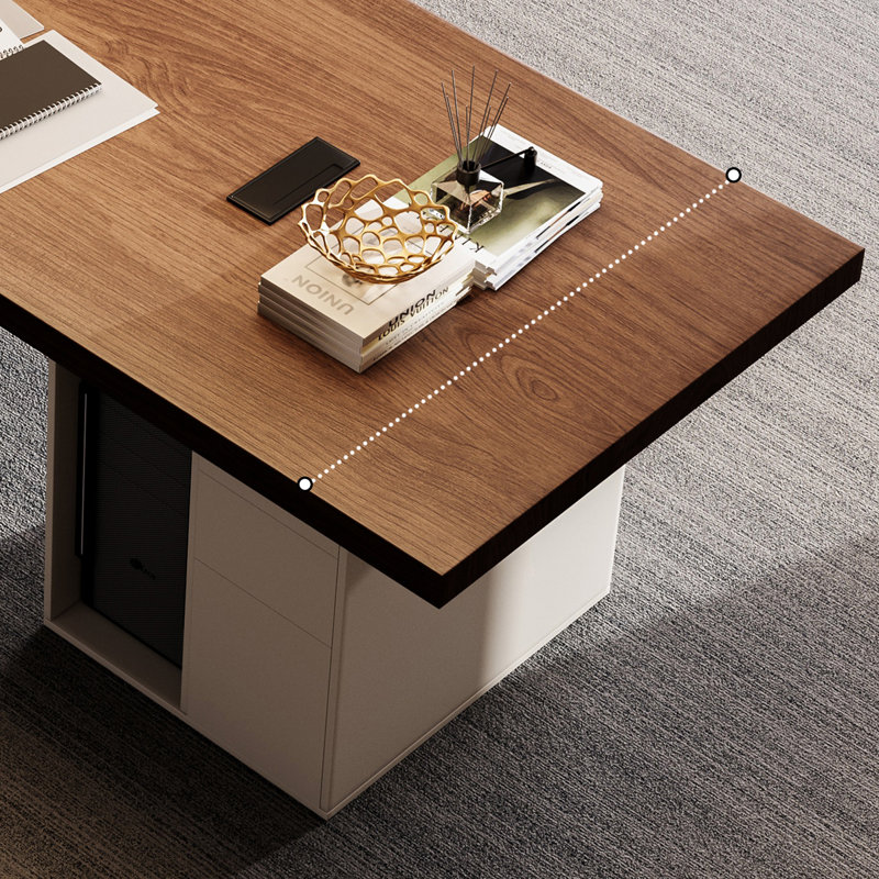 Bureau rectangulaire à 3 tiroirs brun noisette + blanc beige + bois manufacturé, Retour à droite