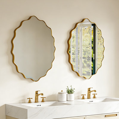 Scalloped Oval Wall Mirror 36"X24", Gold Metal Frame Decorative Mirror For Bathroom, Living Room, Bedroom, Entryway – Modern Wavy Edge Vanity Mirror