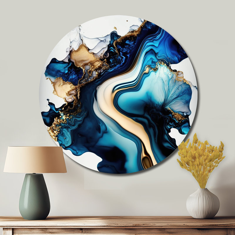 Géode abstraite marbre bleu II - Art abstrait rond en métal, H 36 po x l 36 po x P 1 po