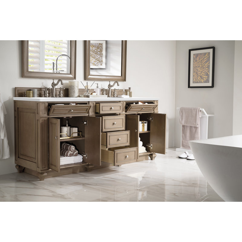 Bristol 72'' W Double Vanity, Whitewashed Walnut, White Zeus, 8" Widespread