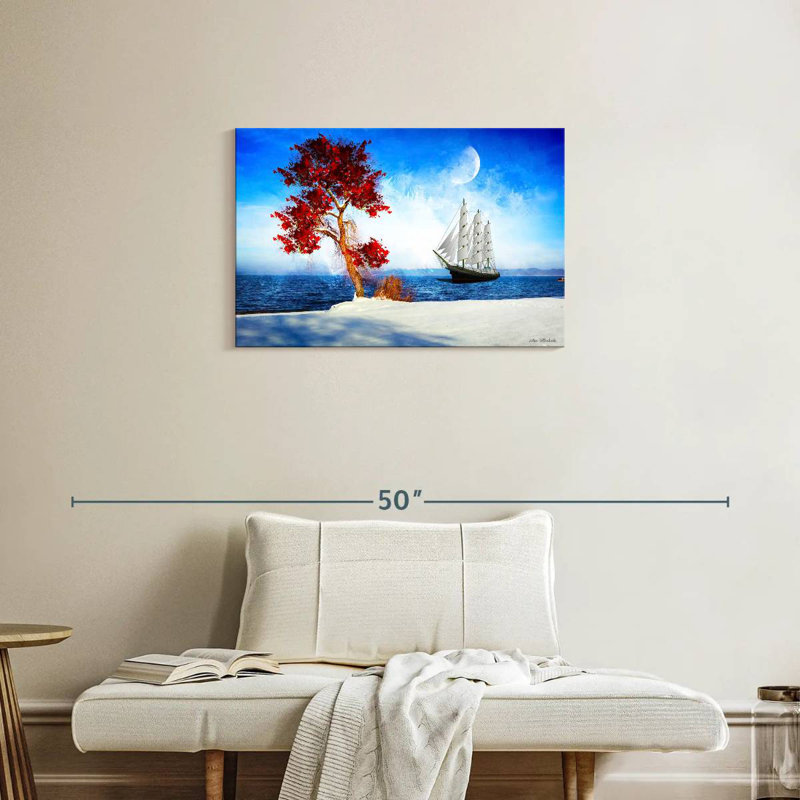 Arbre rouge Mehar et bateau, H 20 po x l 30 po