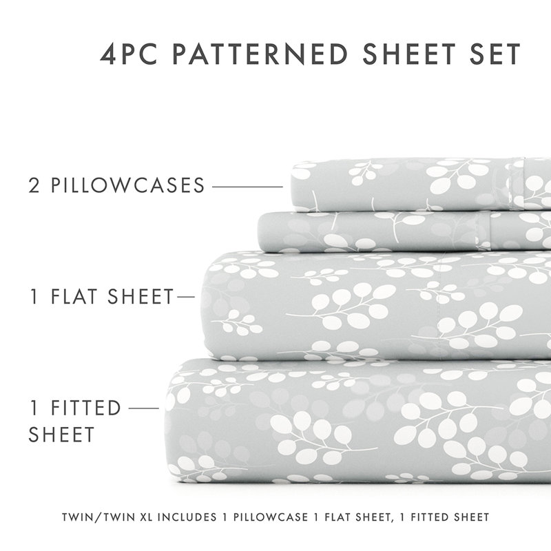 Sheet Set Solid Microfiber Ultra Soft Bedding, Twin Sheet Set with 1 Pillowcase, Gray Floral 2