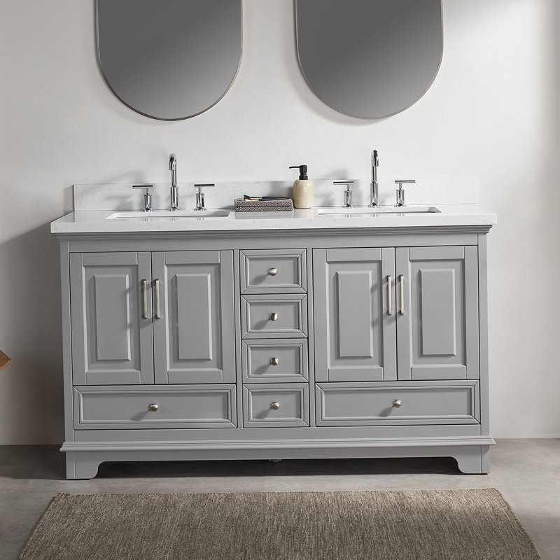 Meuble-lavabo double autoportant de 60 po avec pierre artificielle entièrement assemblé, Gris