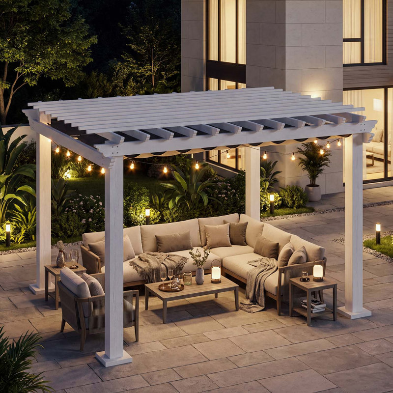 Pergola de terrasse 3,66 m de large x 3,05 m de profondeur avec auvent rétractable, structure en métal blanc thermolaqué, toile d'ombrage grise imperméable UPF50+, treillis de vigne