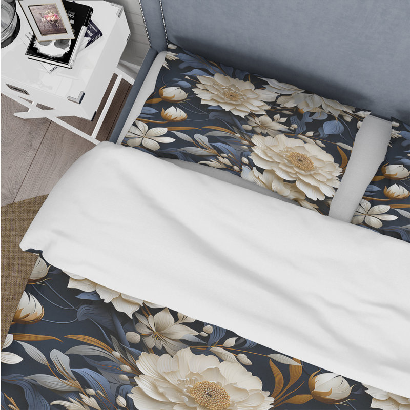 Ensemble de housse de couette Industrial Ivory & Blue Fusion Floral, Housse de couette simple + 1 taie décorative stan