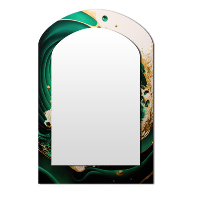Emerald Green And Gold Abstract Waves I - Abstract Spirals Asymmetrical Unique Wall Mirror, Modern Unique Shape Mirror, Printed Metal Art