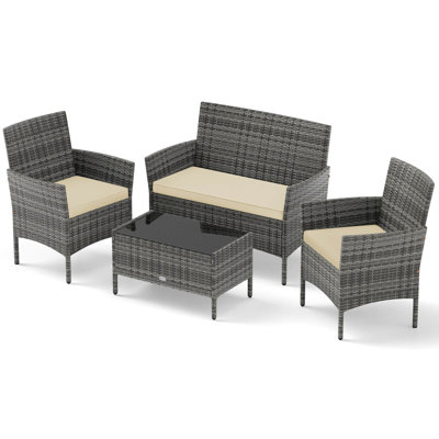 4 PCS Patio Furniture Set with Washable Cushions and Tempered Glass Coffee Table