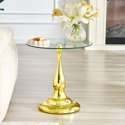 Table de bout en verre moderne avec plateau en verre trempé, base sculpturale en métal, petite table d'appoint ronde pour le salon et la chambre à coucher