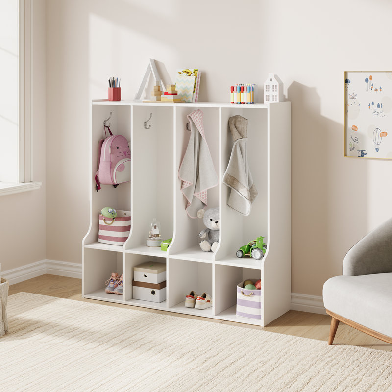 Casier de vestiaire de classe à 4 sections avec 4 casiers, organisateur de rangement pour casiers de garderie avec 8 crochets pour la maison, l'école, la maternelle, le blanc
