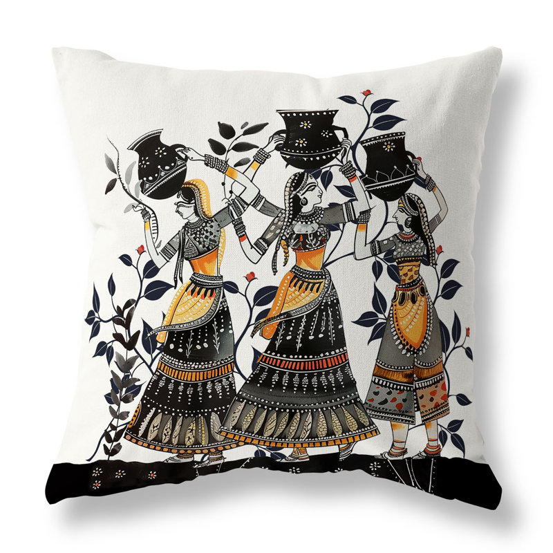 Coussin décoratif intérieur / extérieur Water Bearers, H 20 po x l 20 po, Noir / Orange