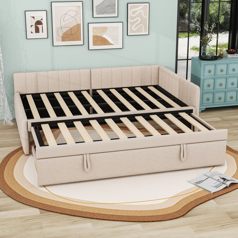 Lit de jour double rembourré en forme de L avec gigogne gigogne simple, Beige